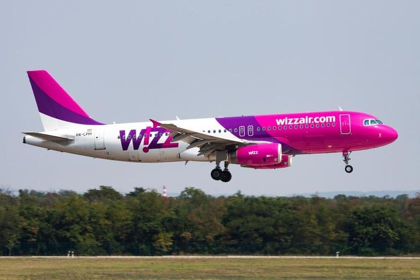 निम्न ऊंचाई पर उड़ता Wizz Air का विमान, पृष्ठभूमि में जंगल।
