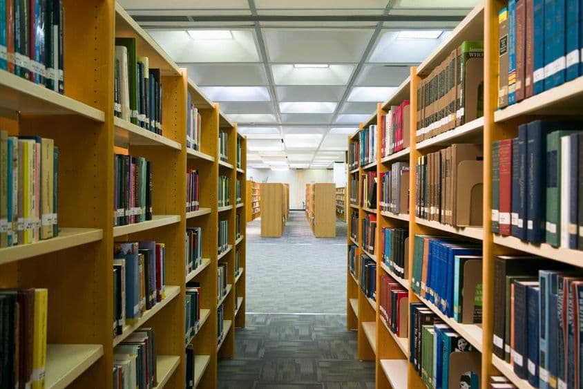 एक लाइब्रेरी दिख रही है जिसमें पुस्तकों की शेल्फ्स हैं।