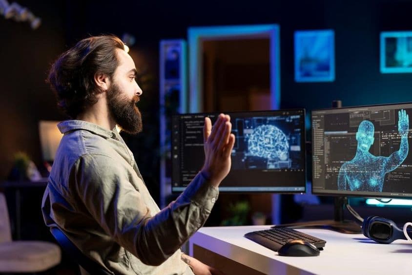 ऑस्क्रीन पर मानव सिलुएट का स्वागत करती एक AI प्रोग्राम कोडिंग करते हुए एक डेवलपर।