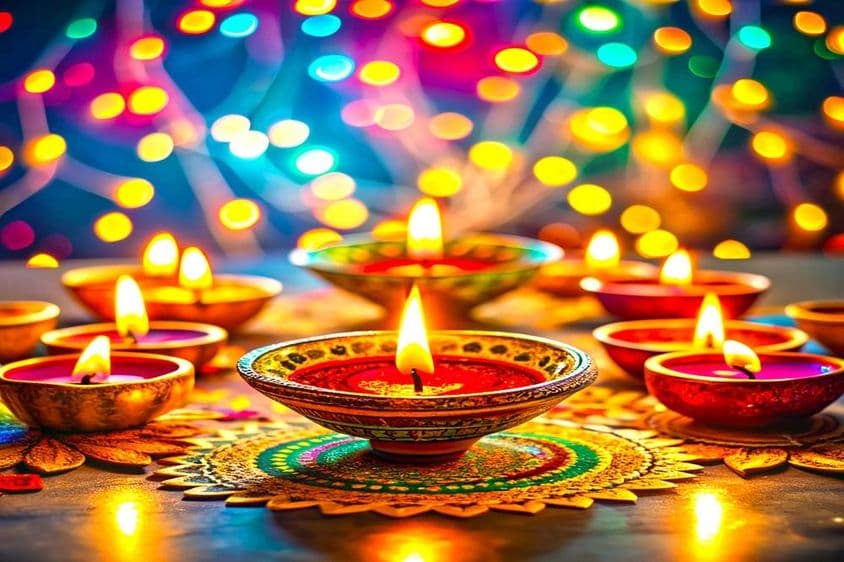 एक मेज पर दिवाली के त्यौहार के दीपक।