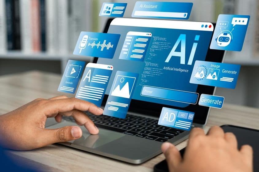 एक नोटबुक जिसमें एक एआई होलोग्राम को मानव हाथ द्वारा टचपैड पर संचालित किया जा रहा है।