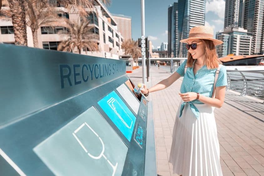 दुबई में एक रीसाइक्लिंग बिन में बोतल फेंकता एक व्यक्ति, पृष्ठभूमि में गगनचुंबी इमारतें।