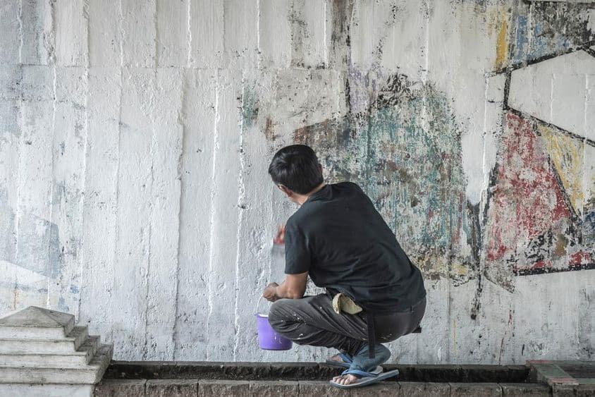 सफेद दीवार की पेंटिंग, तितली।