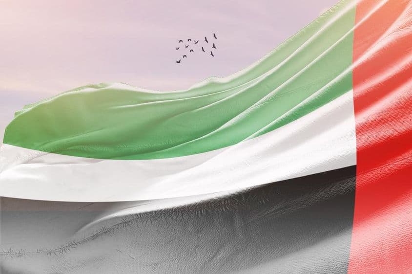 वायु में लहराता हुआ यूएई का झंडा।