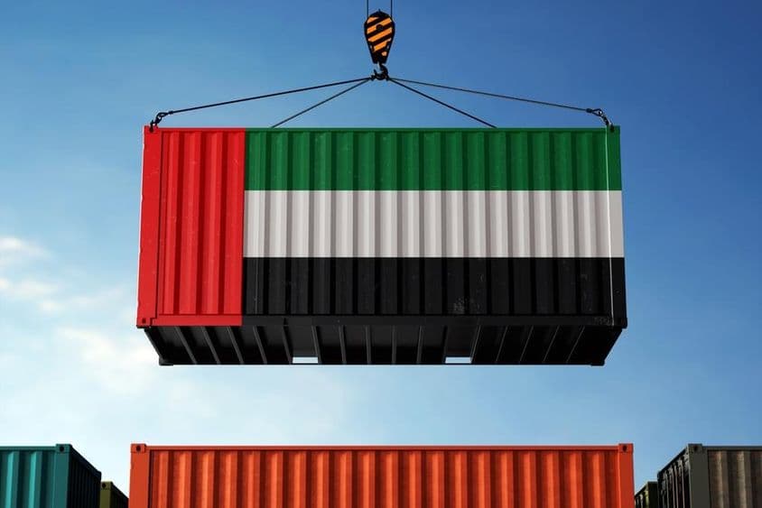 UAE झंडे के रंगों में रंगे कंटेनर को उठाती हुई एक क्रेन।