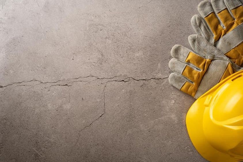 ब्रेक समय, पीला हेलमेट और कार्य दस्ताने एक दरार वाले कंक्रीट सतह पर रखे हुए।