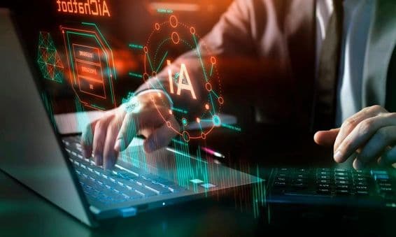 एआई तकनीक, कार्यक्षेत्र में आर्टिफ़िशियल इंटेलिजेंस, ग्राफिक और डिजिटल तत्व।