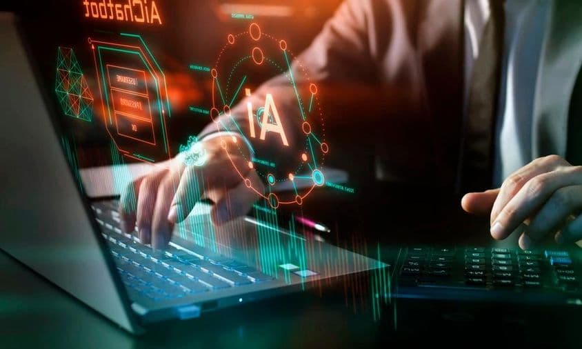 एआई तकनीक, कार्यक्षेत्र में आर्टिफ़िशियल इंटेलिजेंस, ग्राफिक और डिजिटल तत्व।