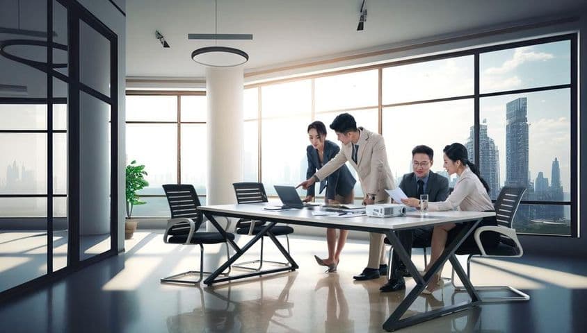 कार्यालय में काम पर चर्चा करते हुए व्यवसायी।