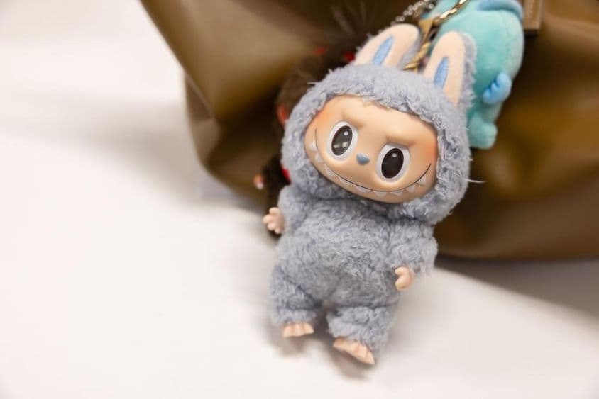 एक महिला के बैग पर प्रसिद्ध पॉपमार्ट लैबूबू का दृश्य।