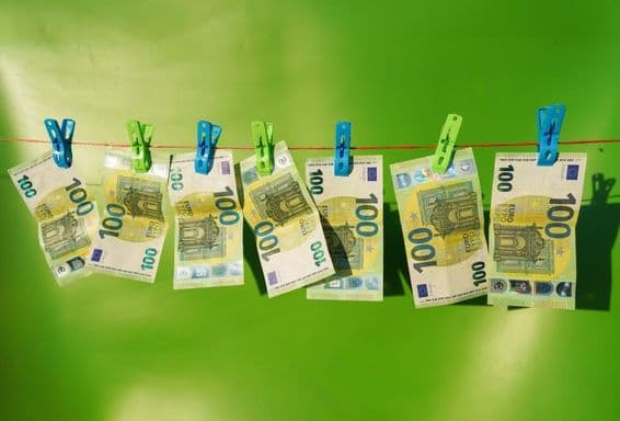 कपड़ों की लाइन पर सूखते हुए 100 यूरो के नोट।