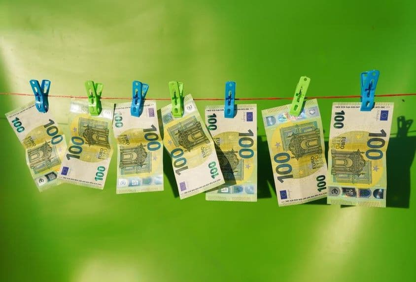 कपड़ों की लाइन पर सूखते हुए 100 यूरो के नोट।