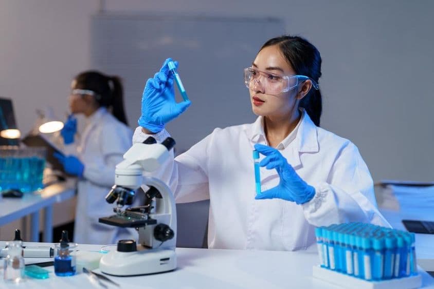 लैब कोट और दस्ताने पहने एशियाई महिला वैज्ञानिक दो टेस्ट ट्यूब की तुलना करते हुए।