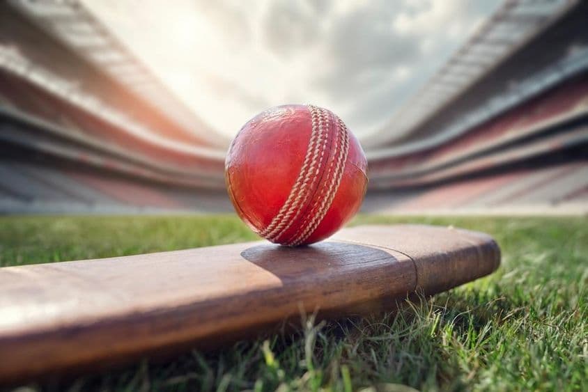 पुराने लकड़ी के क्रिकेट बल्ले के ऊपर क्रिकेट गेंद।