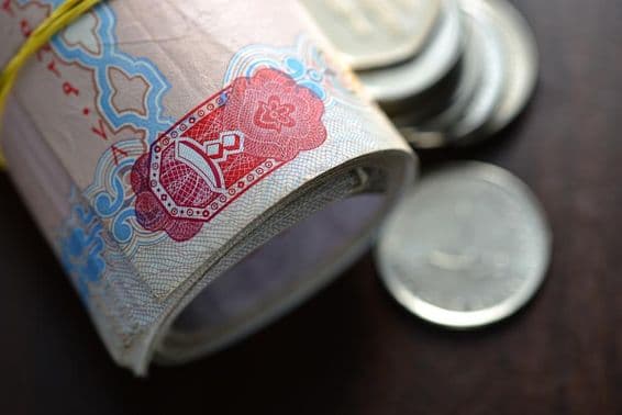 कुछ सिक्कों के साथ रोल किए गए यूएई दिरहम।