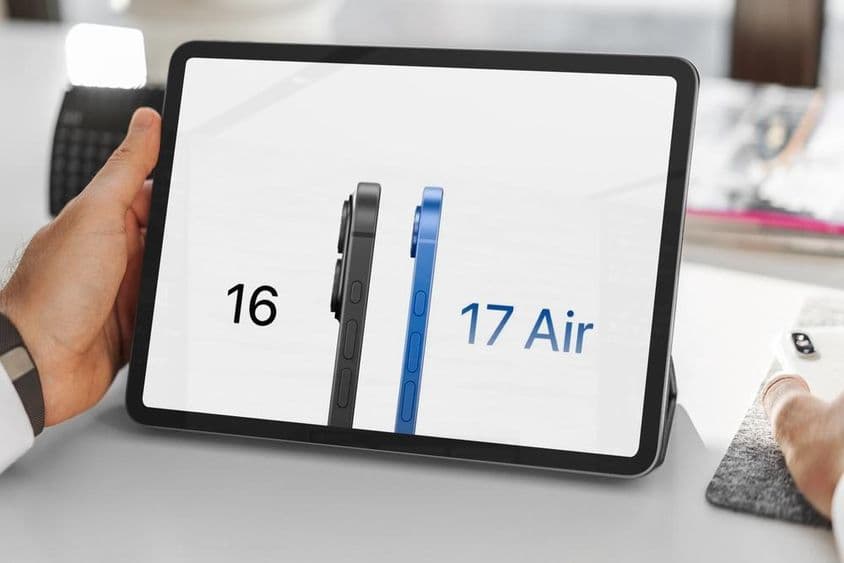 व्यापारी iPhone 16 और iPhone 17 की तुलना टैबलेट पर कर रहा है।