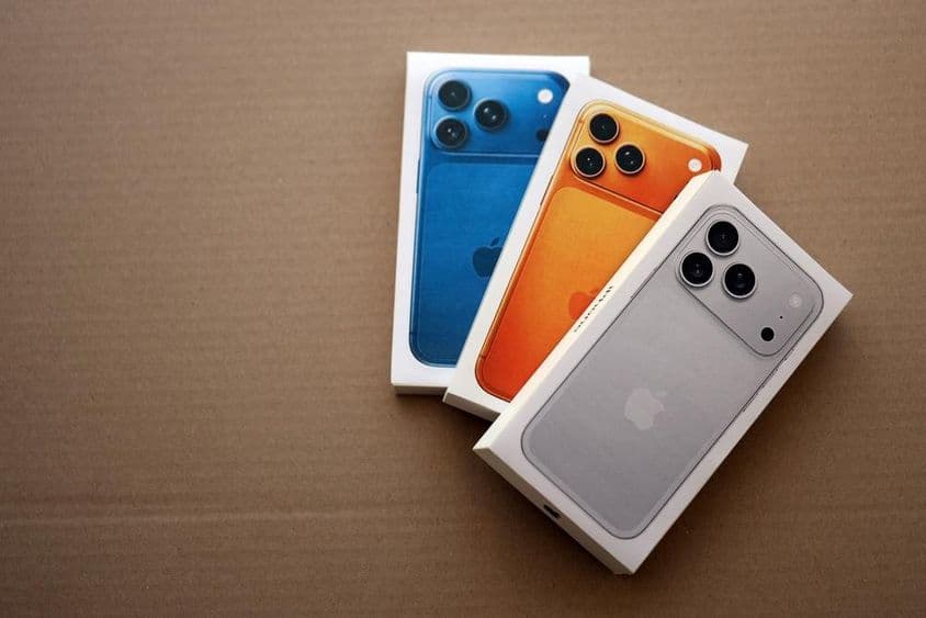 एप्पल आईफोन १७ प्रो मैक्स सिल्वर बॉक्स और अन्य आईफोन मॉडल बॉक्स।