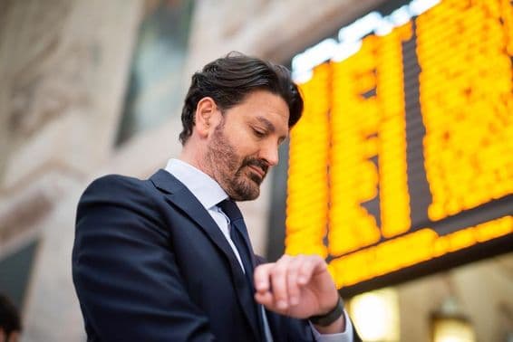 एक यात्री समय की जाँच करता है एक शेड्यूल के सामने