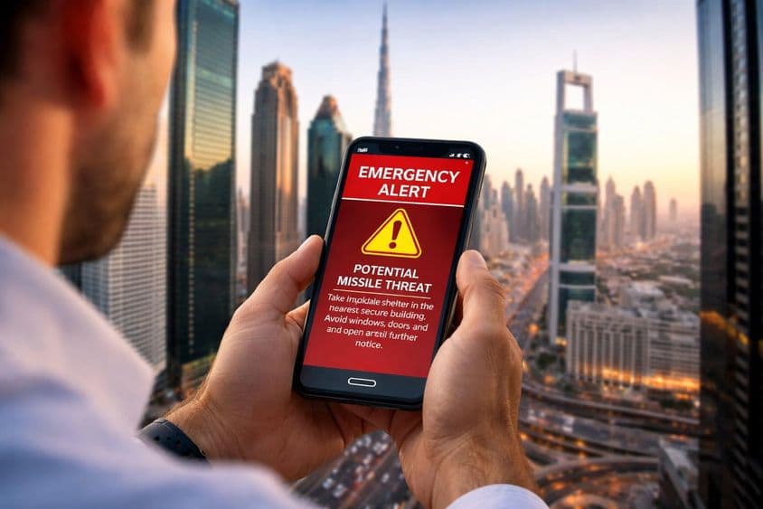 दुबई की पृष्ठभूमि के साथ मोबाइल चेतावनी