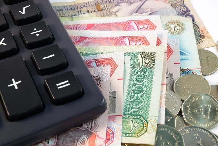 संयुक्त अरब अमीरात के विभिन्न बैंकनोट और सिक्के का क्लोज़-अप दृश्य